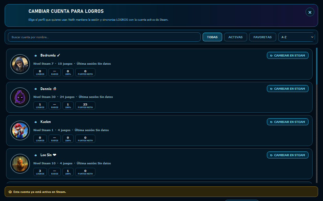 Selector real de cuentas en la sección Logros